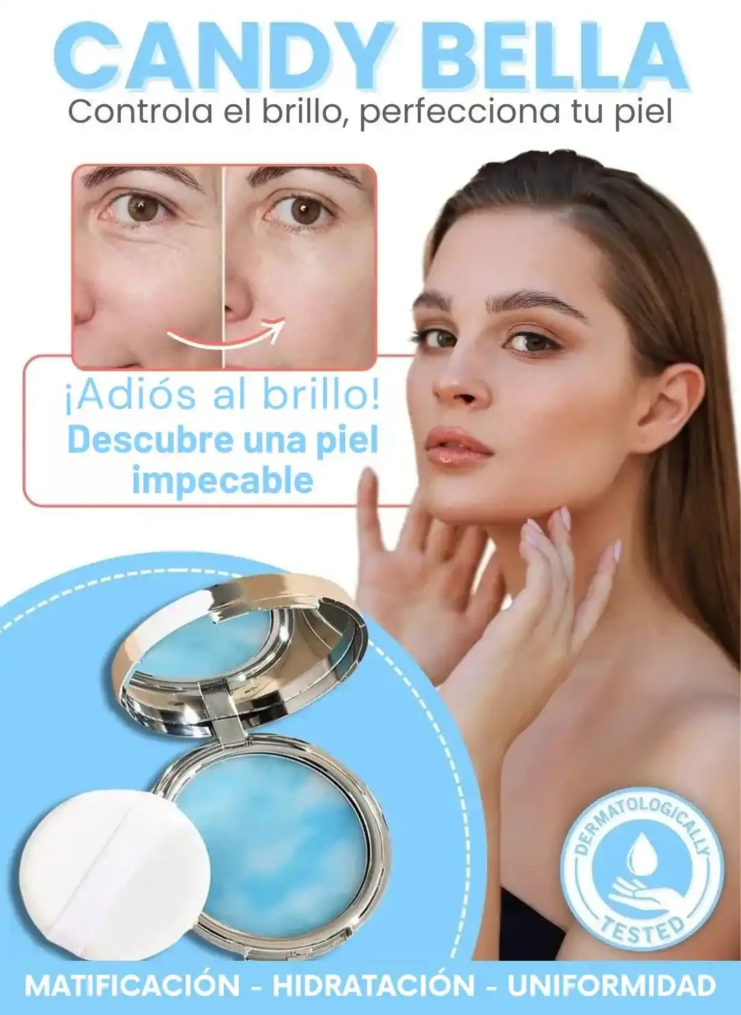 Candy Bella Polvo Compacto Matificante  – Controla Brillos y Deja Tu Piel Suave Todo el Día